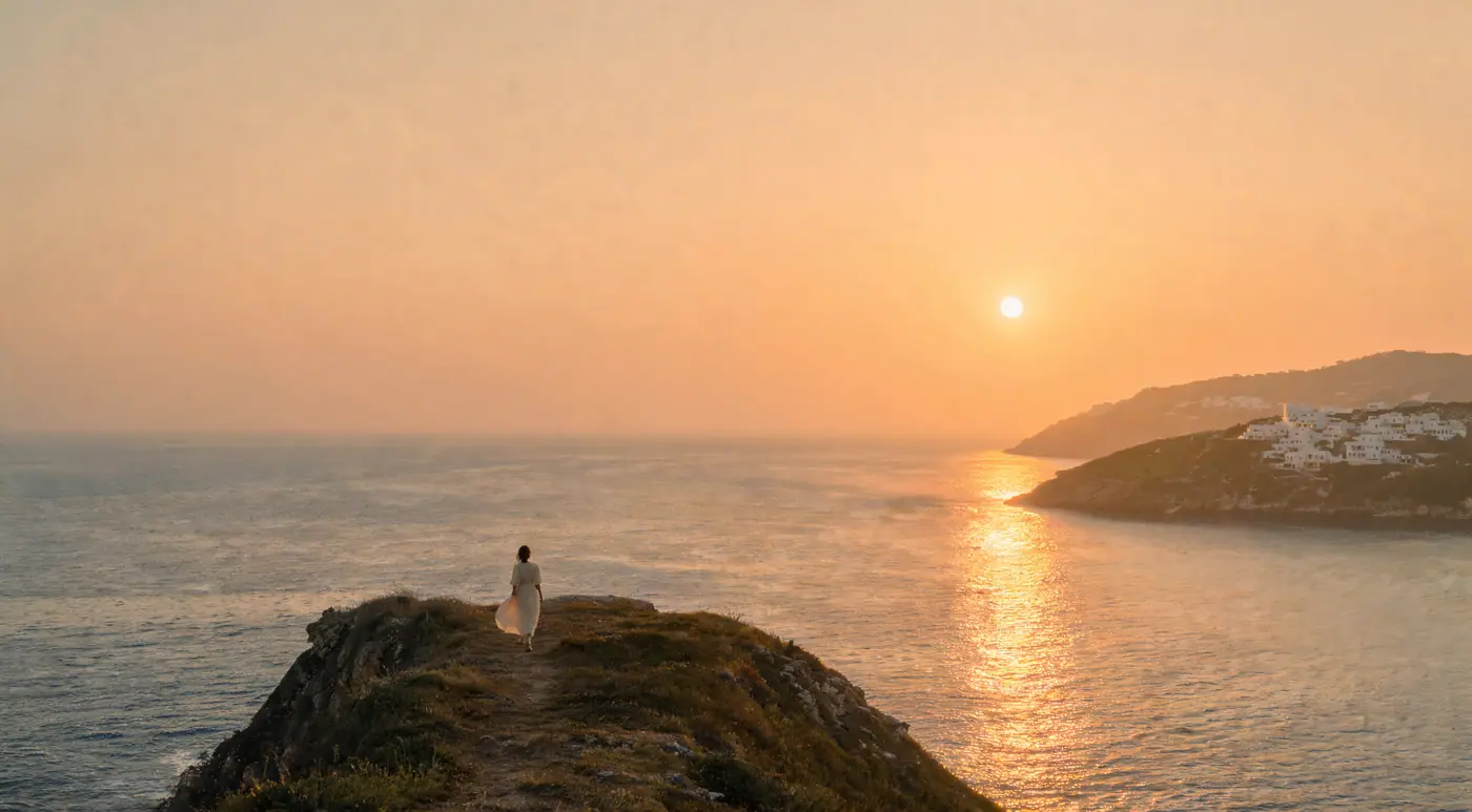Woman in a linen dress on a cliff above the sea at golden hour