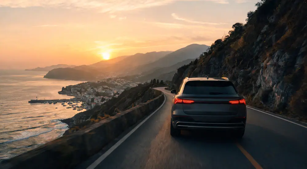 Hero film frame of the SUV on the coastal road