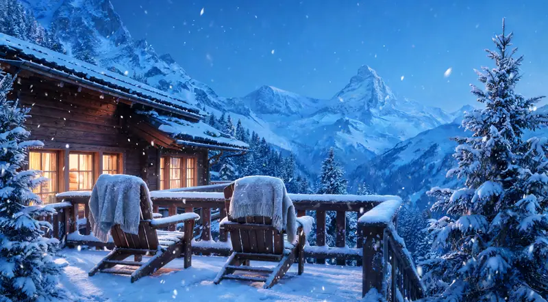 Snowy alpine chalet terrace at blue hour