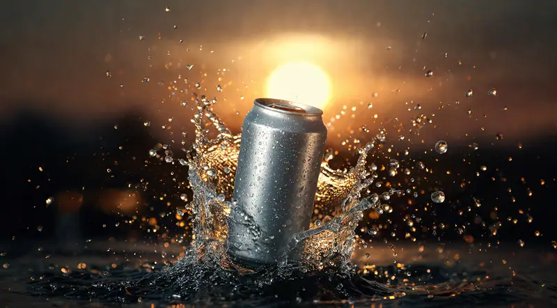 Energy drink can bursting through a splash of water, backlit by the sun