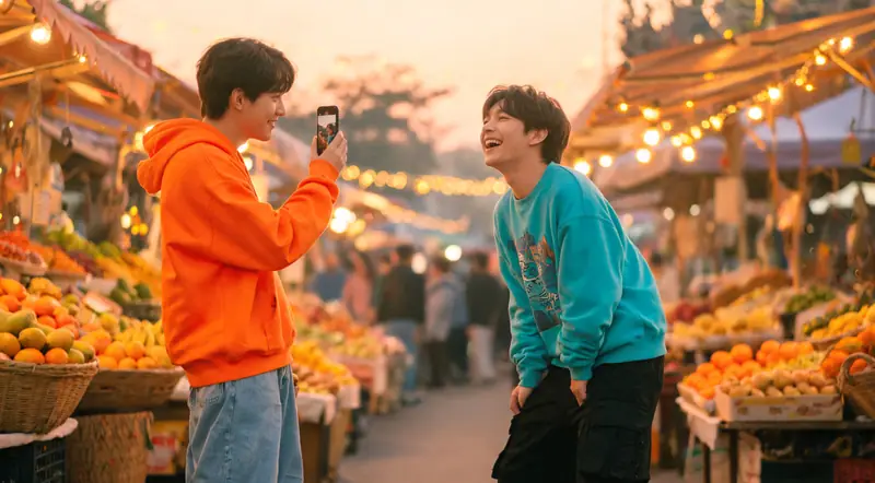 Two friends filming a vertical video at a street market