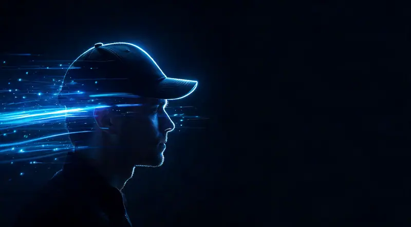 Blue-lit profile with glowing light streaks