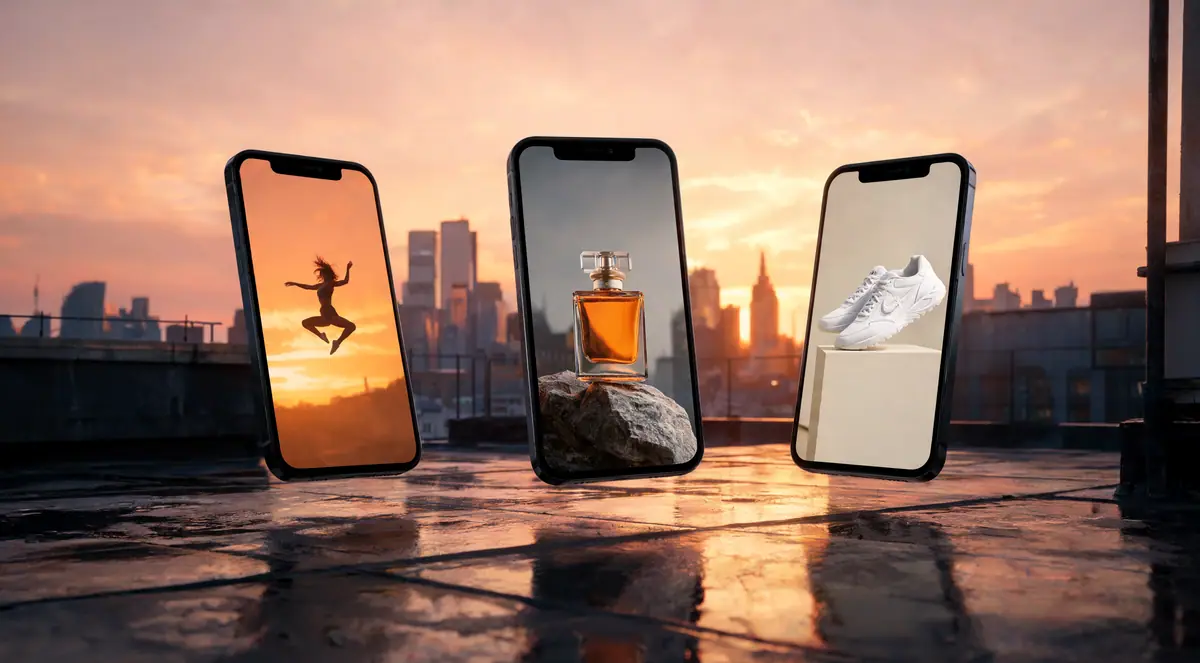 Three phones showing vertical reels above a city rooftop at sunset