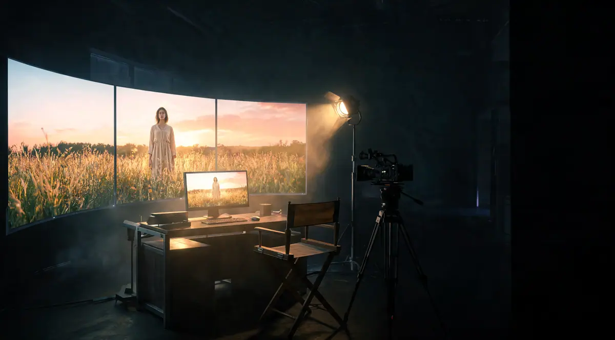 AI production studio at night with a monitor wall, film light and director’s chair